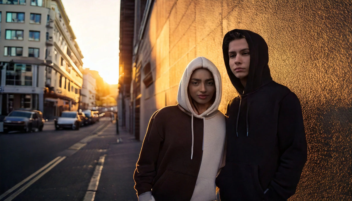 Two friends in dark hoodies on a London street at dawn
