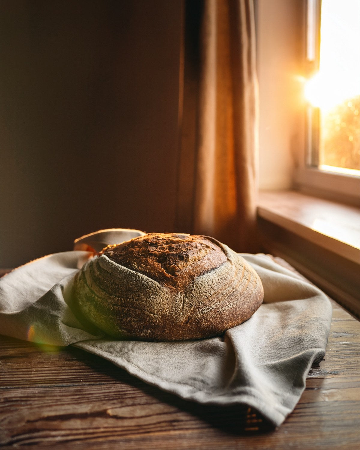 Sourdough loaf on linen by a window in morning light