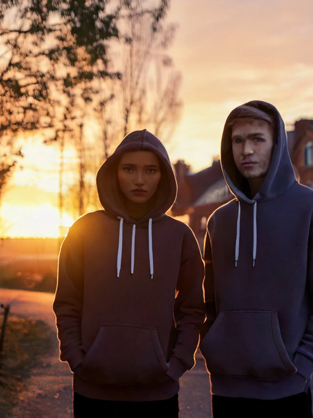 Two friends in hoodies at sunset