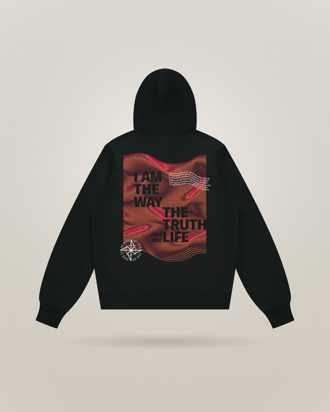 Black regular shoulder fleece hoodie, back print