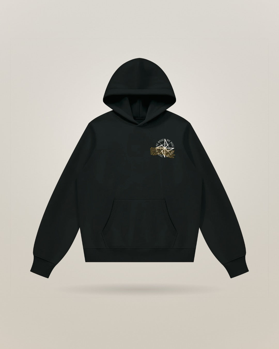 Black regular shoulder fleece hoodie, front, with compass chest print
