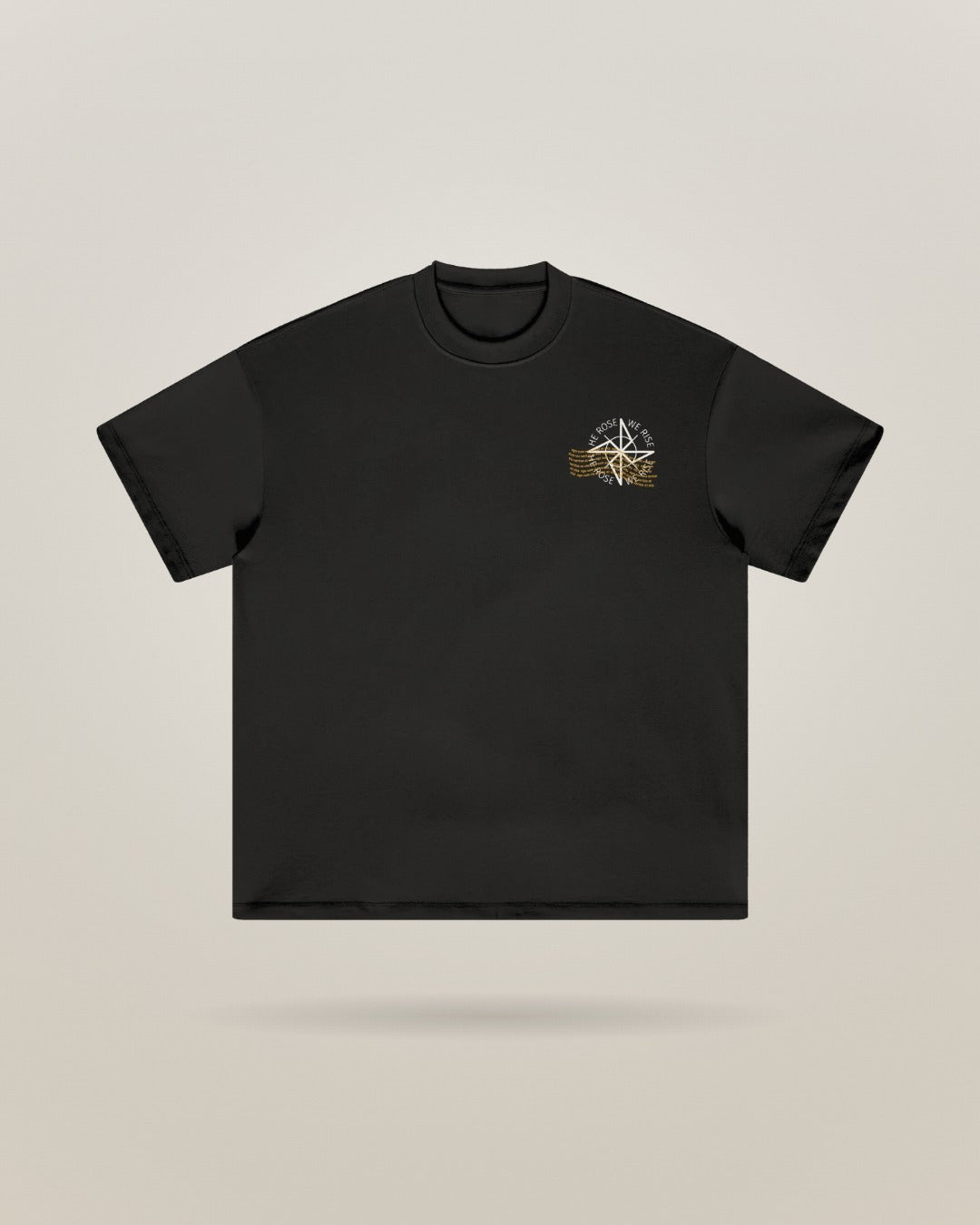 Black heavyweight tee, front, with compass chest print